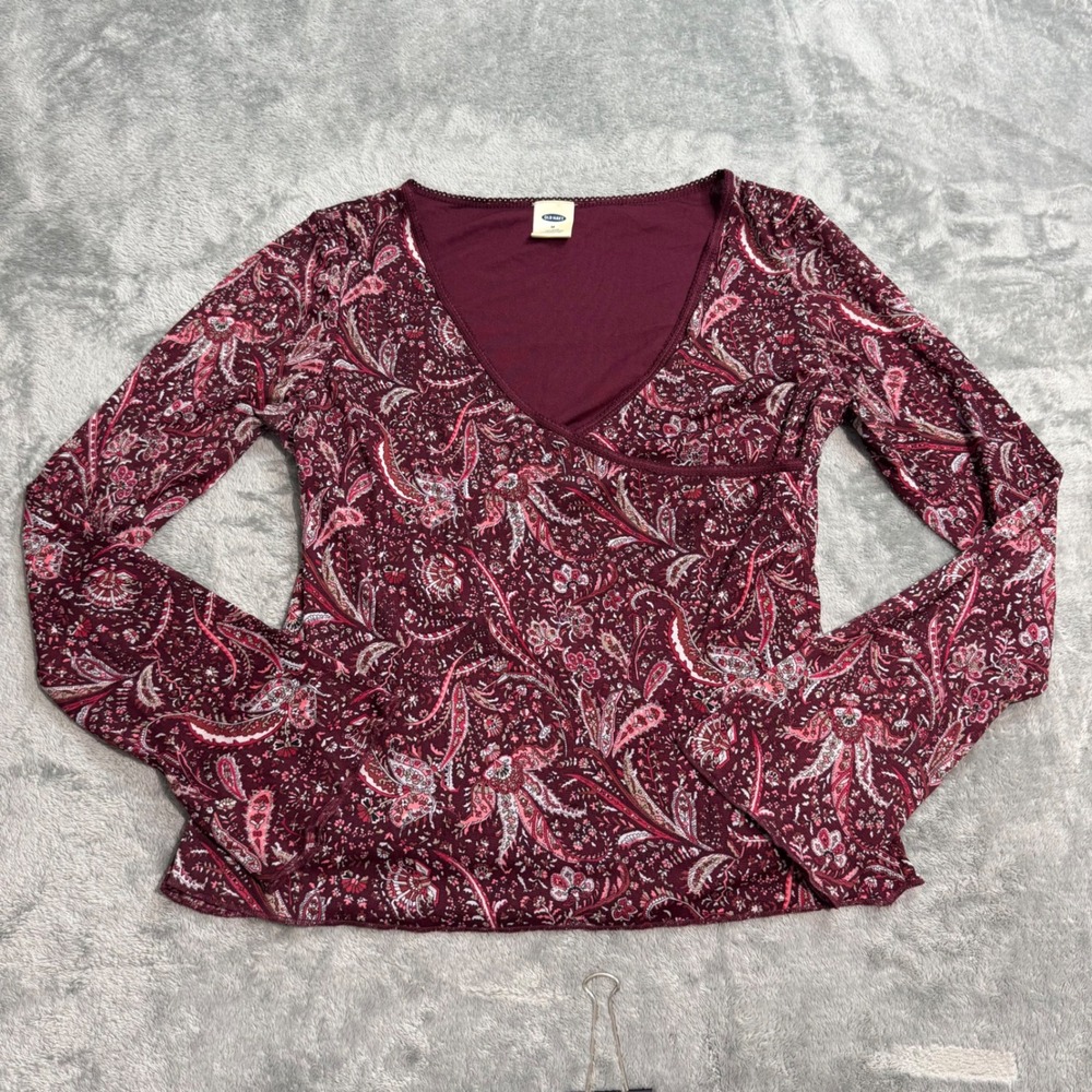 VTG Y2K Old Navy Mesh Paisley Faux Wrap Long Sleeve Top Burgundy Pink Sz M